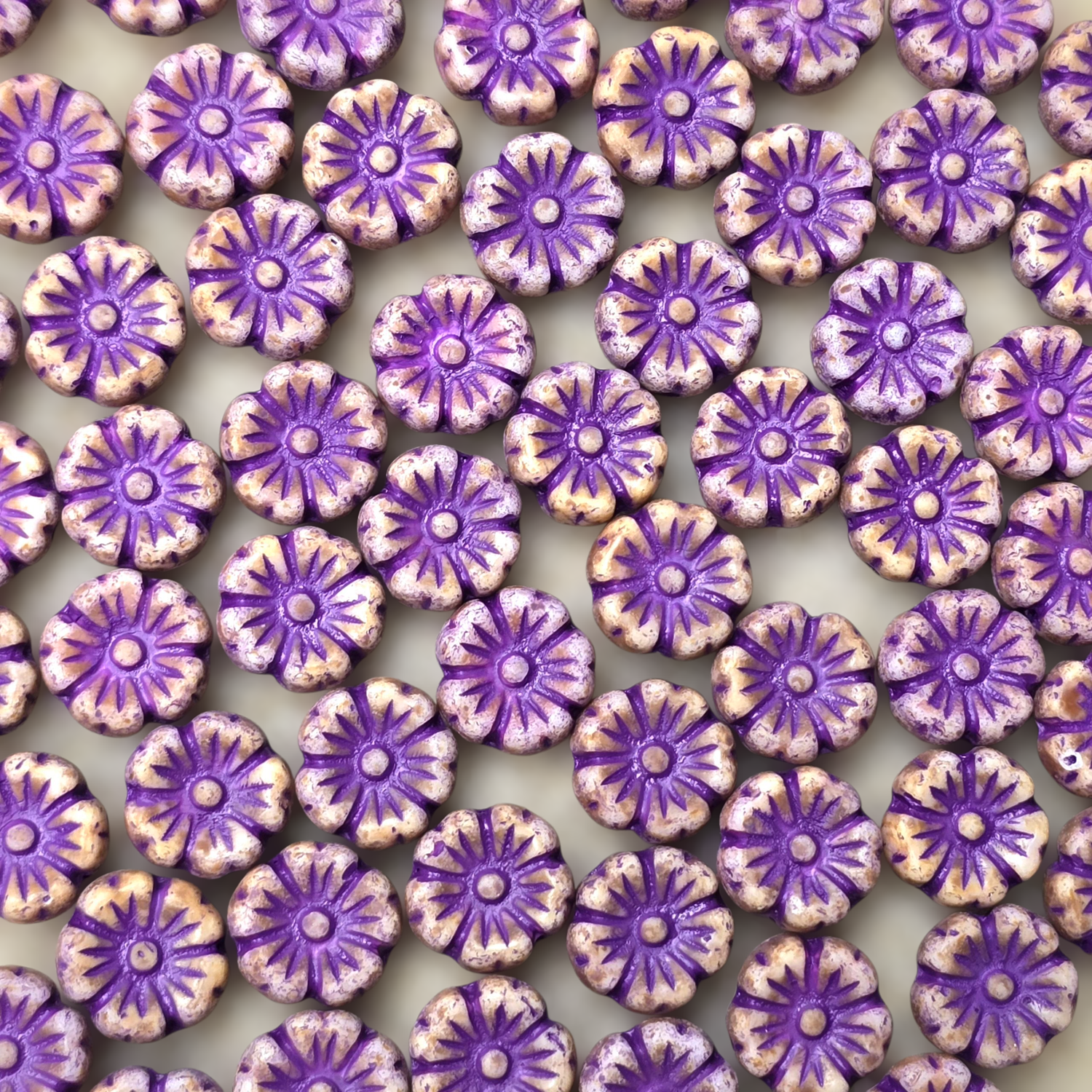 9mm Flower Czech Glass Beads: Picasso Fuchsia Plum (10 pieces)