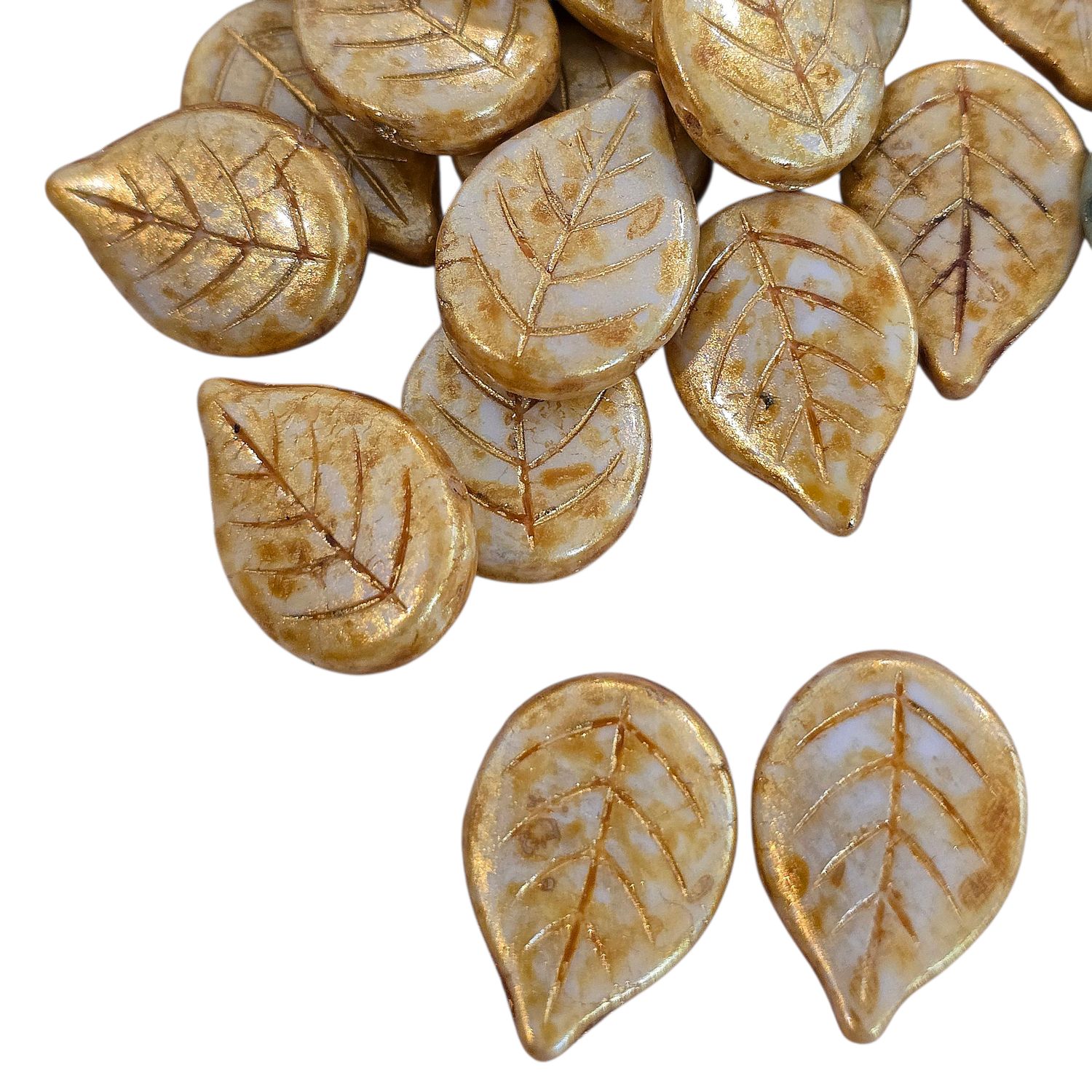 13x18mm Czech Leaf Beads: Chalk White Sand Picasso