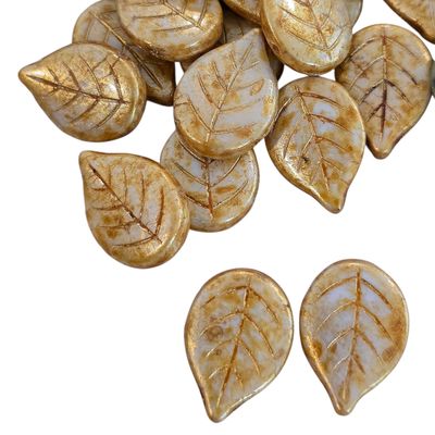 13x18mm Czech Leaf Beads: Chalk White Sand Picasso