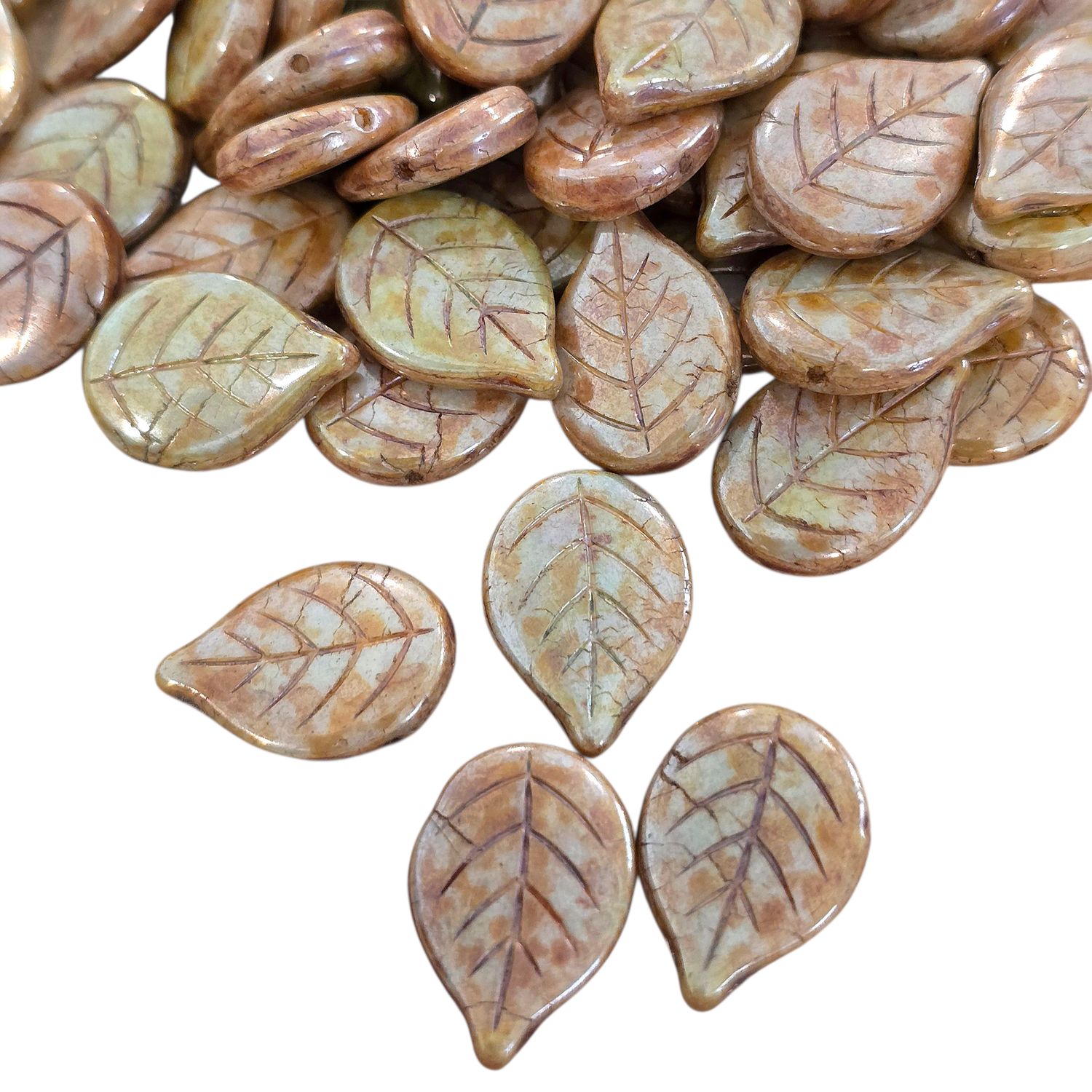 13x18mm Czech Leaf Beads: Chalk White Green Luster