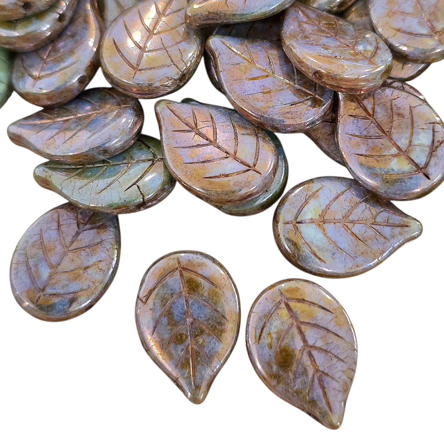 13x18mm Czech Leaf Beads: Chalk White Blue Luster