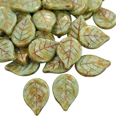 13x18mm Czech Leaf Beads: Chalk White Green Picasso