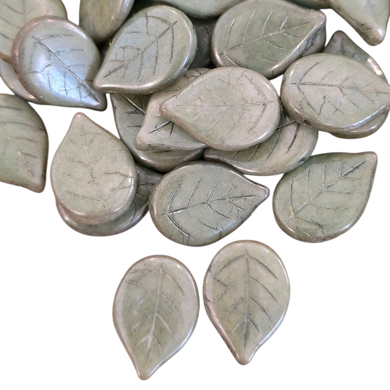 13x18mm Czech Leaf Beads: Chalk White Teal Luster