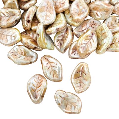 9x14mm Czech Leaf Beads: Chalk White Green Luster