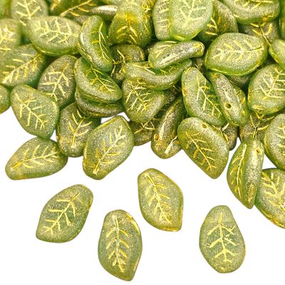9x14mm Czech Leaf Beads: Matte Green Gold