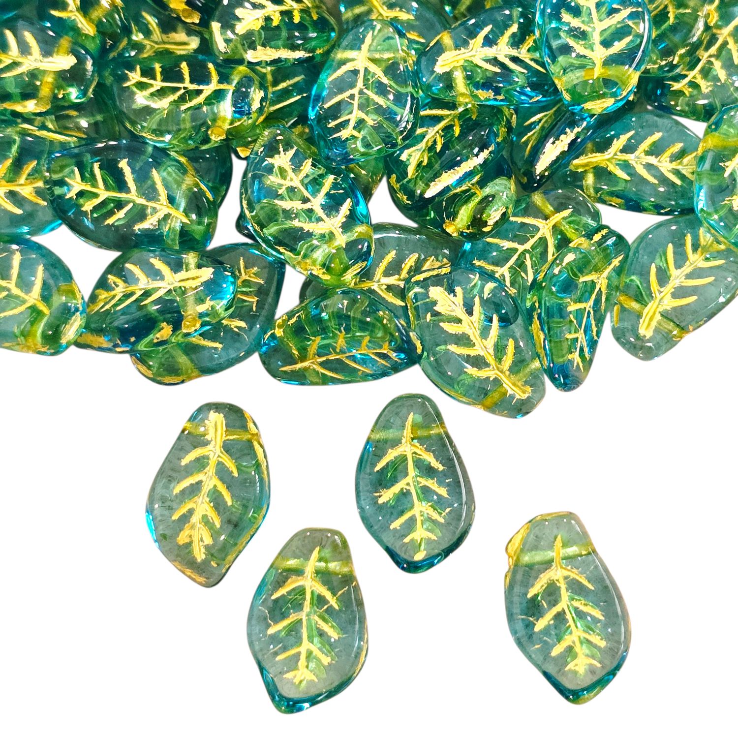 9x14mm Czech Leaf Beads: Aqua Gold