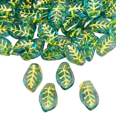 9x14mm Czech Leaf Beads: Aqua Gold