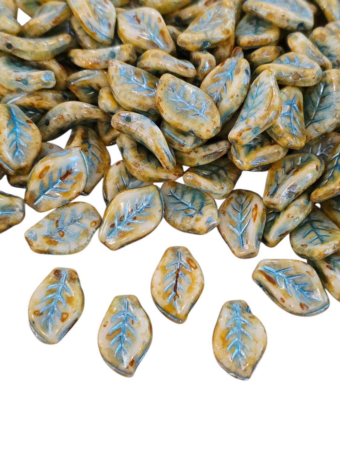 9x14mm Czech Leaf Beads: Green Picasso Teal