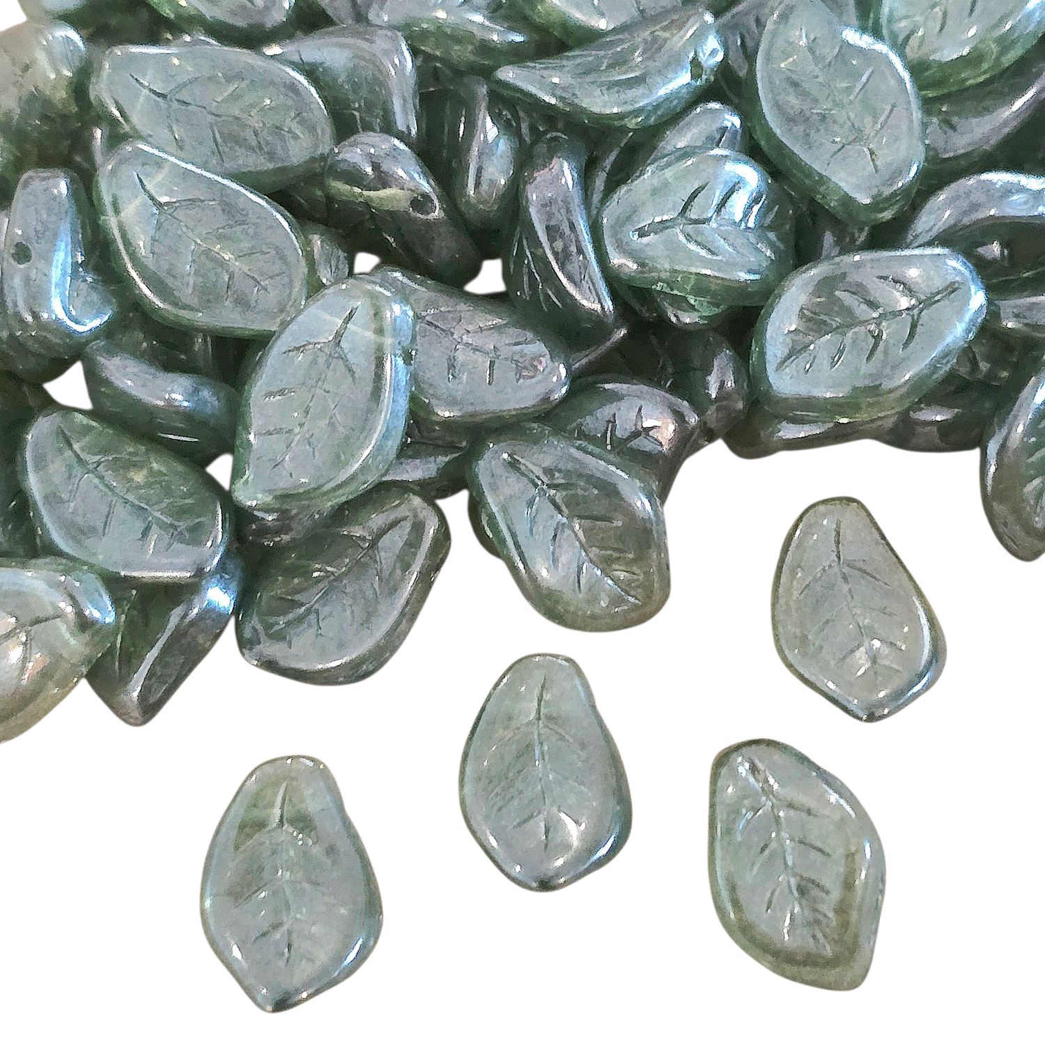 9x14mm Czech Leaf Beads: Crystal Teal Green Luster