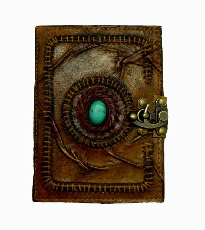 Leather Embossed Journal with Scar Stitching and Turquoise Stone 5x7&quot;