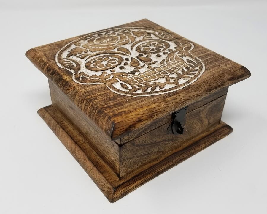6&quot; Carved Wood Skull Box W/ Latch