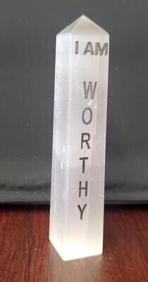 I Am Worthy Selenite Affirmation Tower 4"