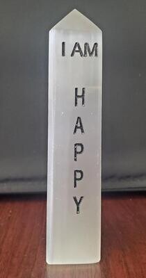 I AM Happy Selenite Affirmation Tower 4"