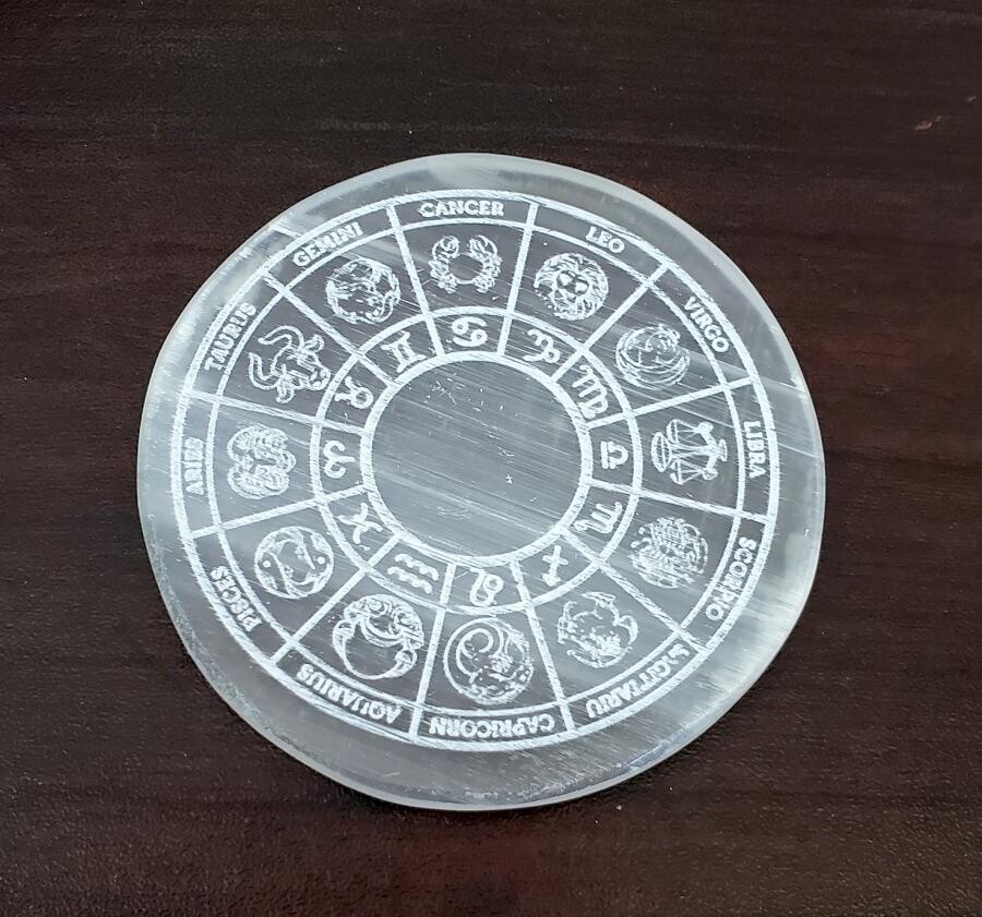 Selenite Coaster/Altar Tile - Zodiac 3&quot;