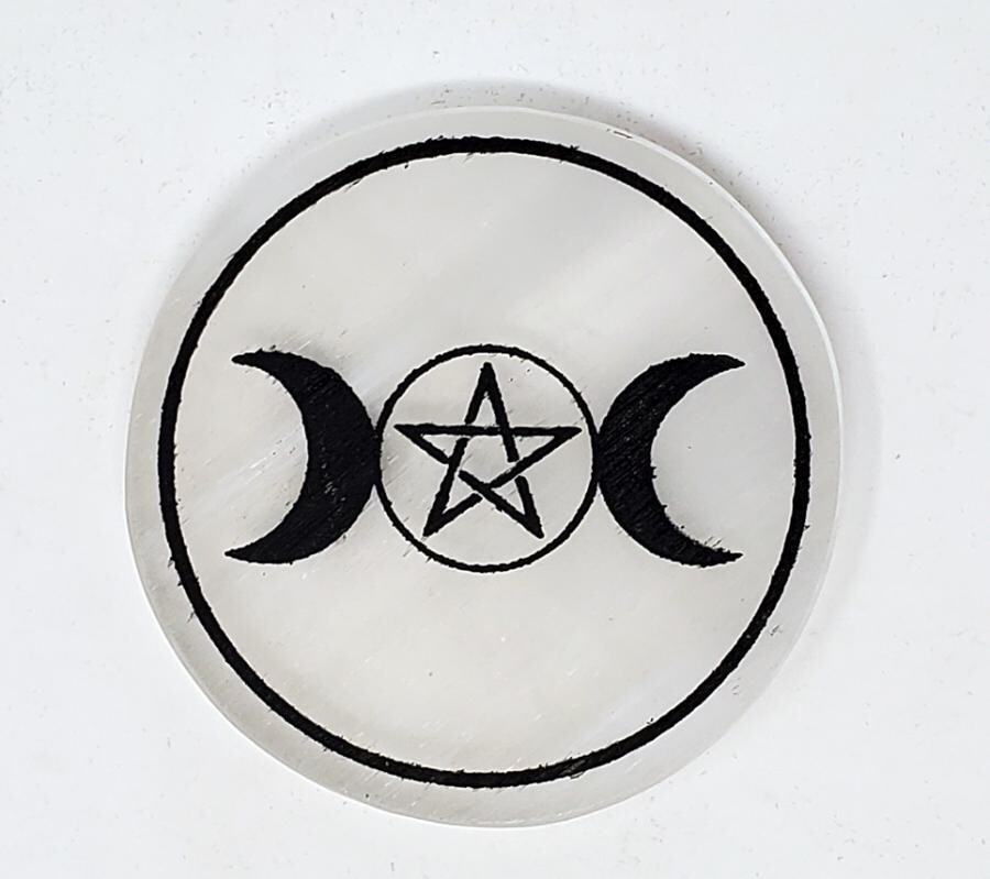 Selenite Charging Plate - Triple Goddess Pentagram 3&quot;