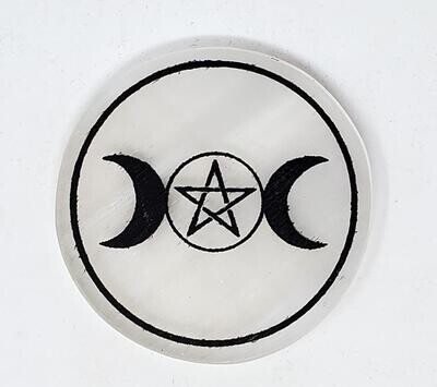 Selenite Charging Plate - Triple Goddess Pentagram 3&quot;