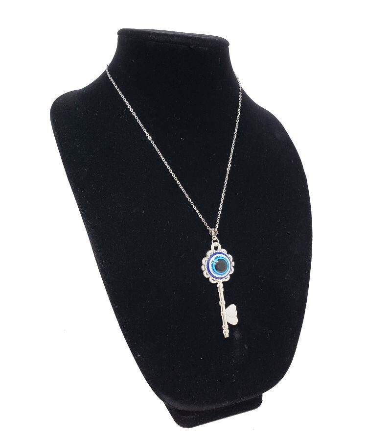 Lucky Key w/ Evil Eye Pendant Necklace with chain 24&quot;L
