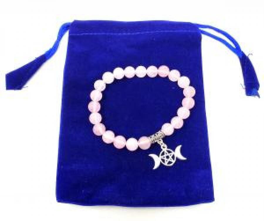 Rose Quartz Gemstone Bracelet with Triple Moon Pentagram Charm