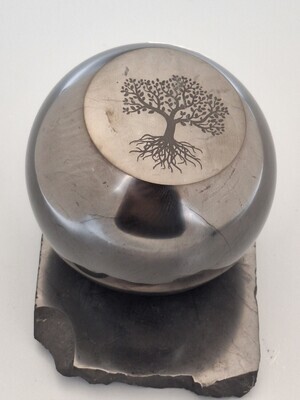 3.25&quot; Shungite Flat Single Side Sphere W/ Tree Of Life Imprint