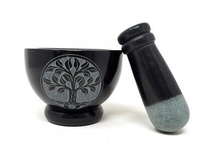 3&quot; Tree of Life Carved Black Soapstone Mortar &amp; Pestle