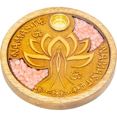 Namaste Laser Etched Wood Round Incense Holder  w/ Rose Quartz Inlay