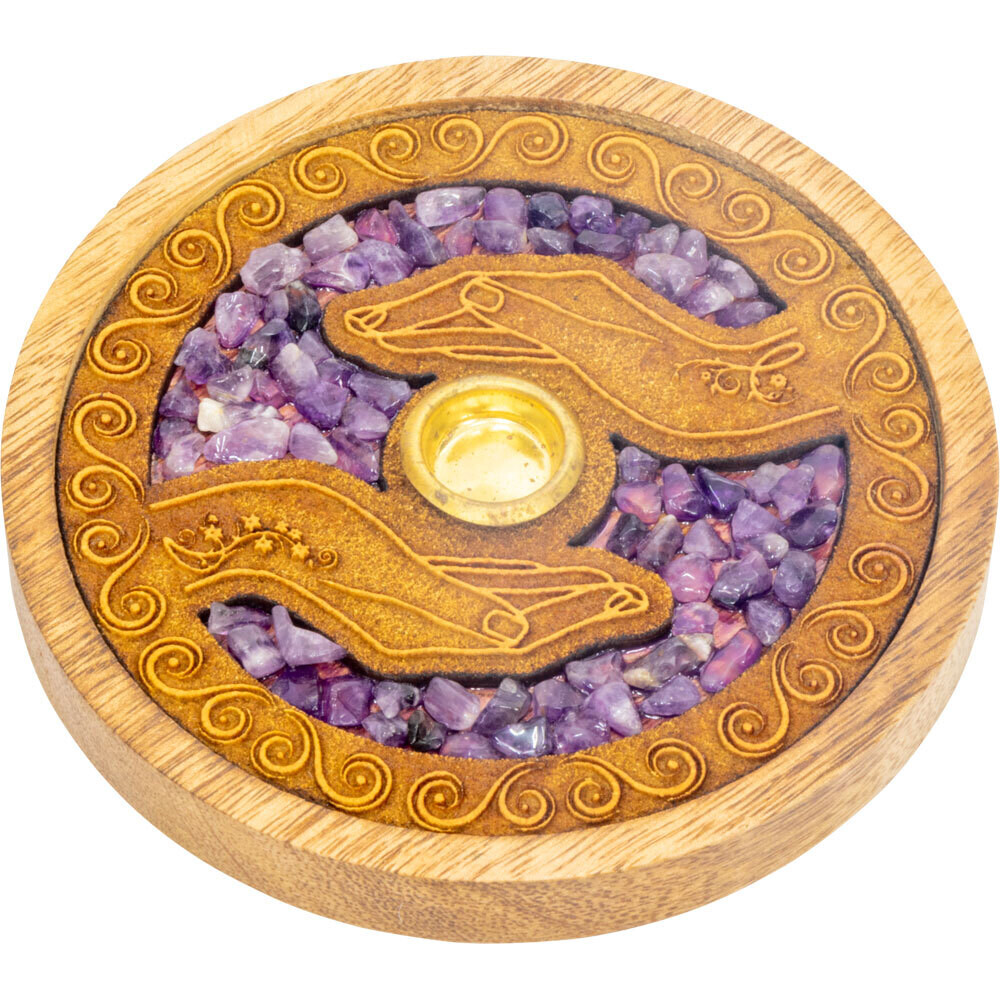 Healing Hands Laser Etched Wood Round Incense Holder w/ Amethyst Inlay