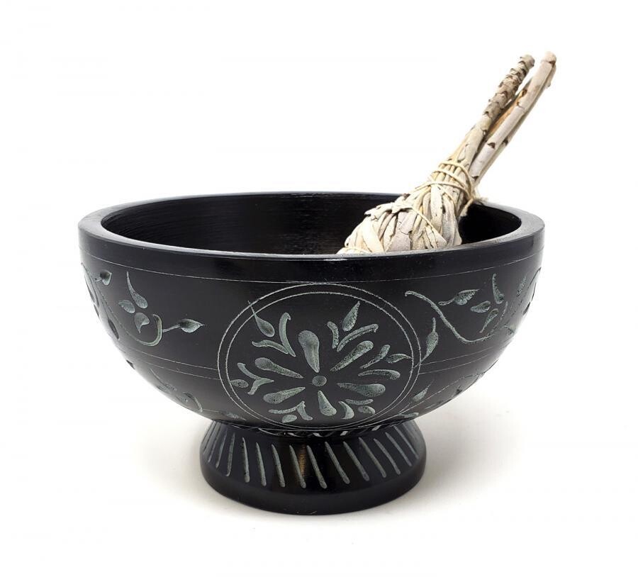 5&quot; Floral Carved Black Soap Stone Bowl