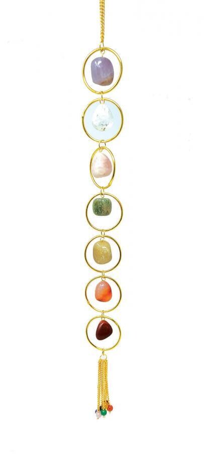 16&quot; Seven Chakra Tumbled Stone Wall Hanging with Gold Rings