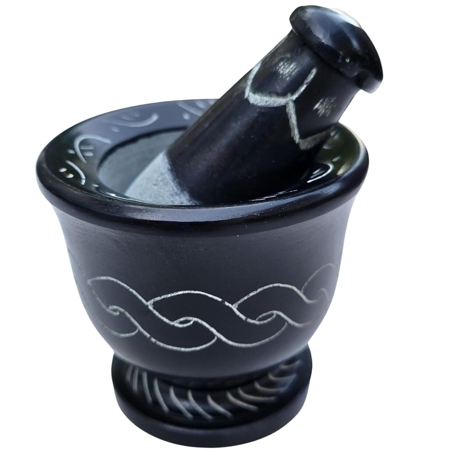 Black Soap Stone Celtic Knot Carved Black Mortar &amp; Pestle