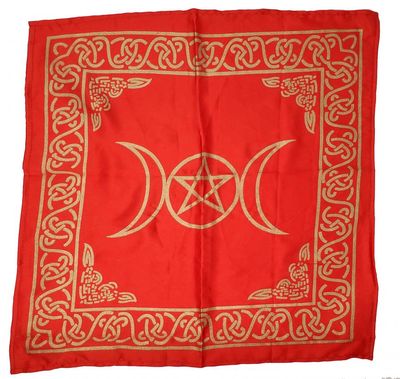 Triple Moon with Pentagram Altar Cloth Golden print on Red Satin 21x21&quot;