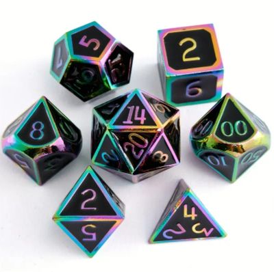 7 Pc Metal RPG Dice (Black &amp; Rainbow Color)