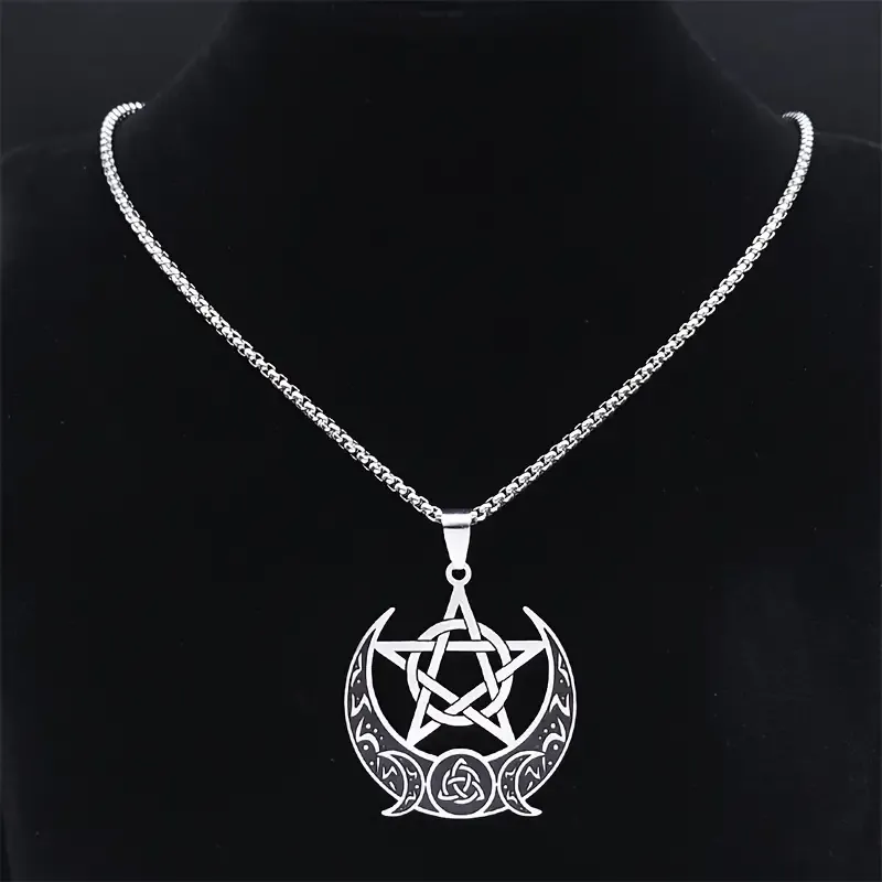 Stainless Steel Triple Moon Goddess Pentagram Necklace