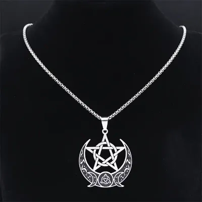 Stainless Steel Triple Moon Goddess Pentagram Necklace