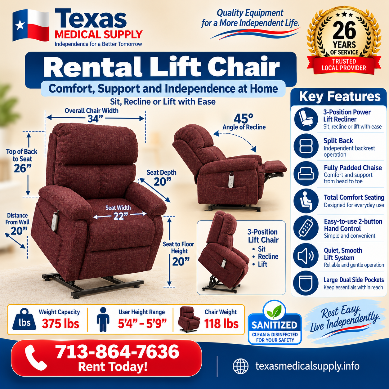 Rental Lift Chair 3 Position