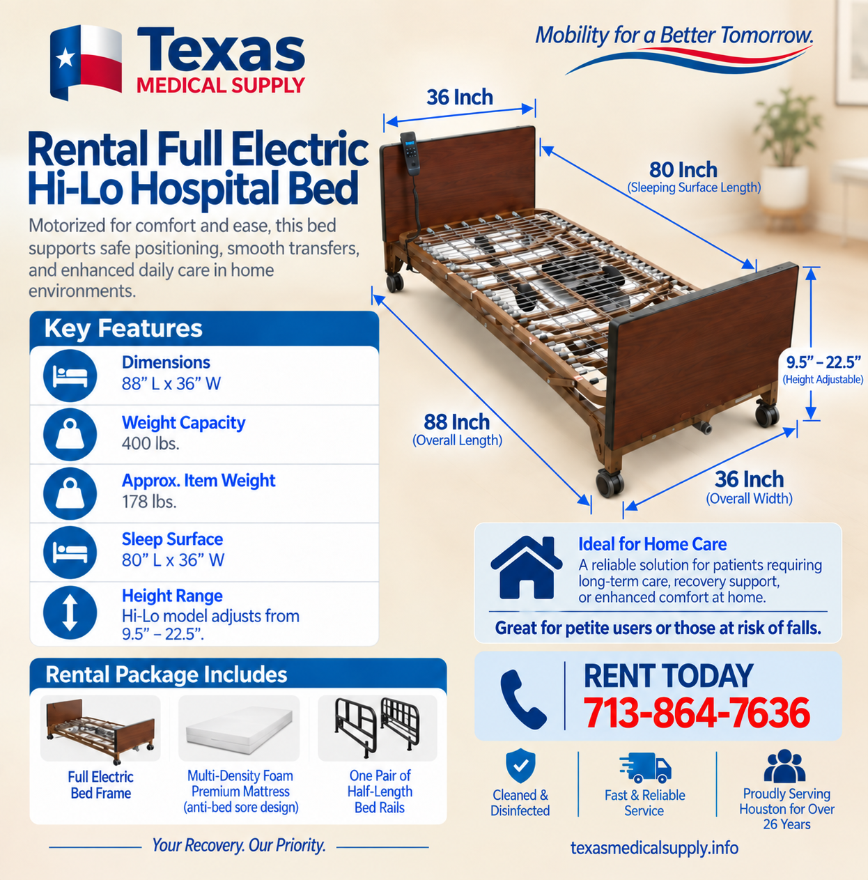 Rental Hospital Bed Full Electric Hi-Lo