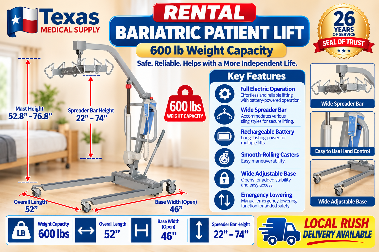 Rental Patient Lift Full Electric 600 lbs Capacity