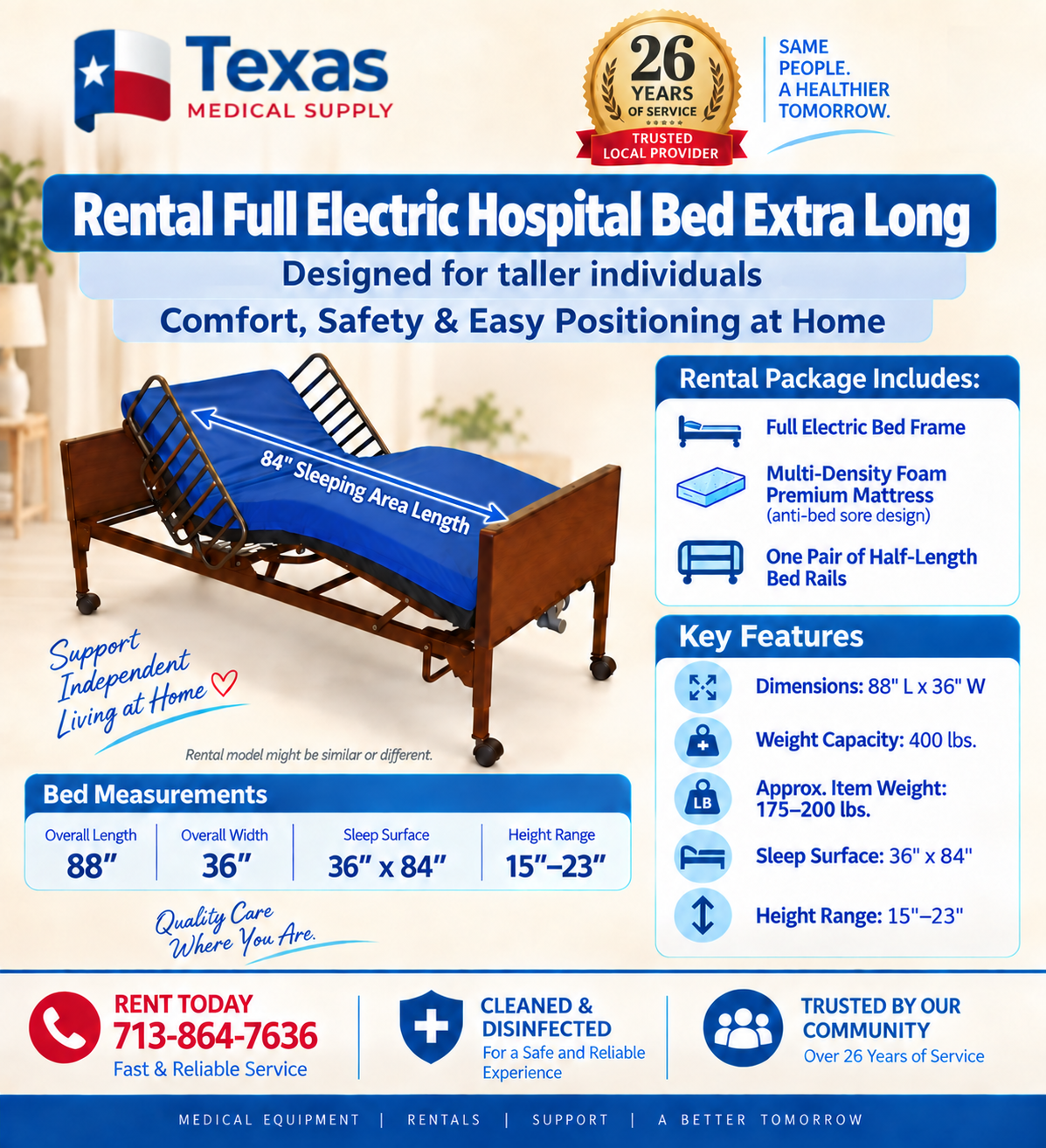Rental Hospital Bed Full Electric X-Long
