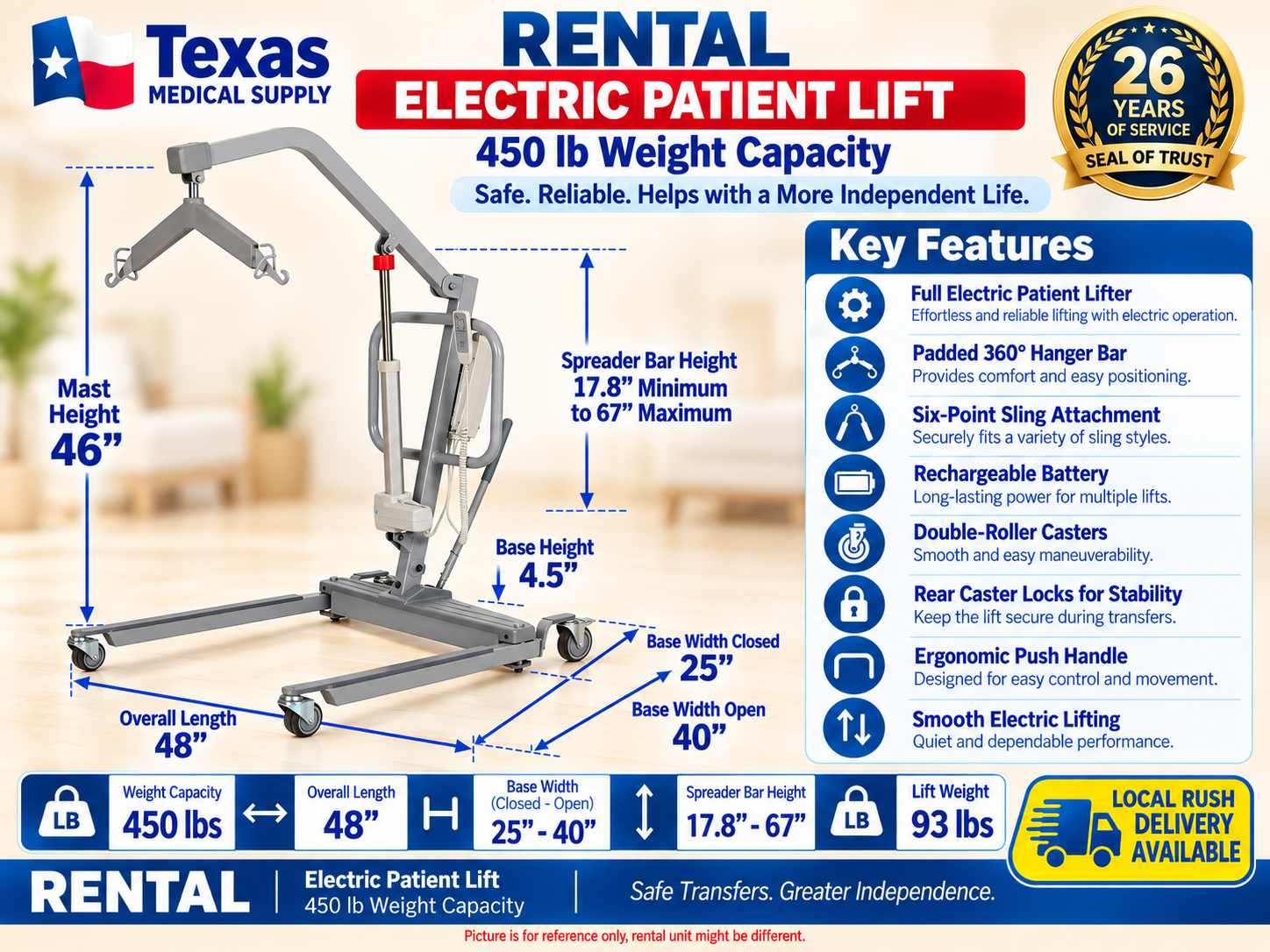 Rental Patient Lift Full Electric 450 lbs Capacity