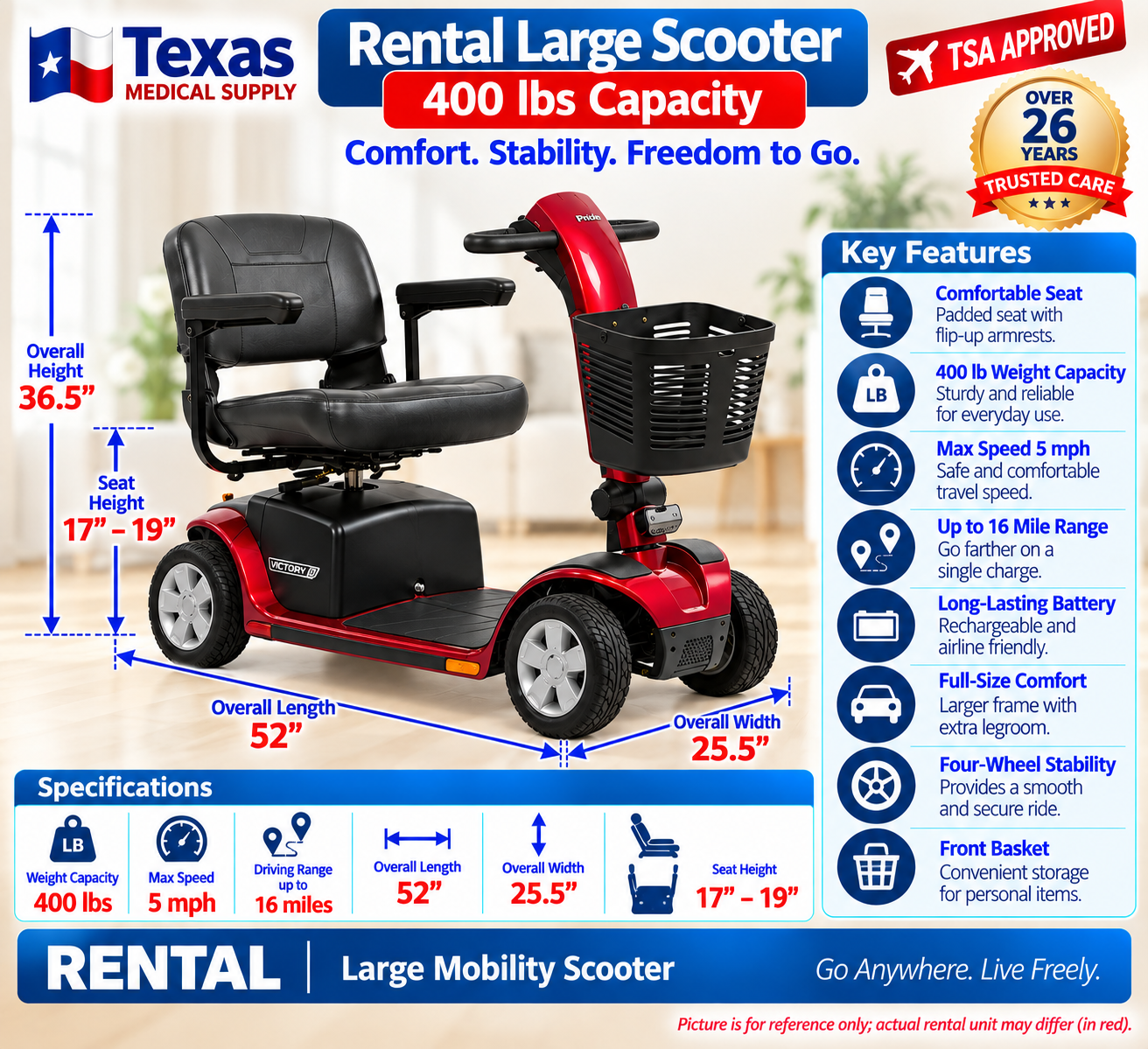 Rental Scooter Large Size 400 Lbs Capacity