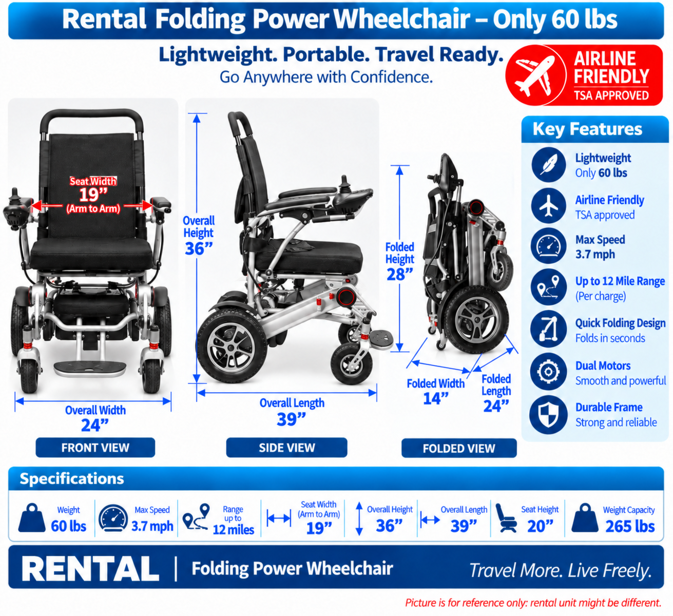 Rental Power Wheelchair Folding 60lbs