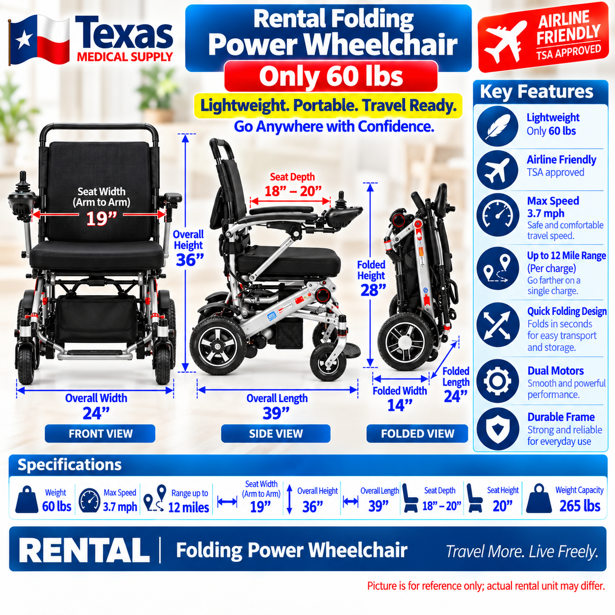 Rental Power Wheelchair Folding 60lbs