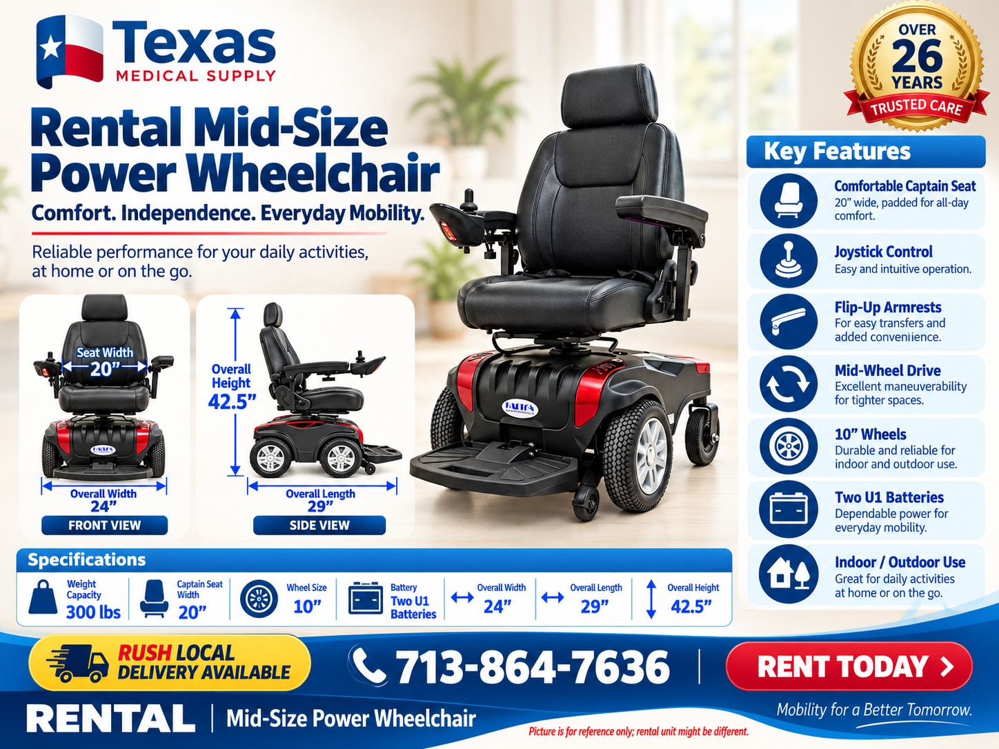 Rental Power Wheelchair Mid-Size 300 Lbs Capacity