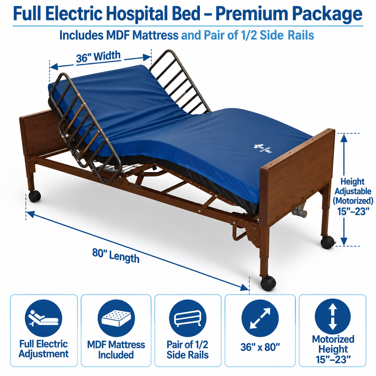 Hospital Bed Full Electric Bundle Pkg – Premium MDF Mattress + Rails
