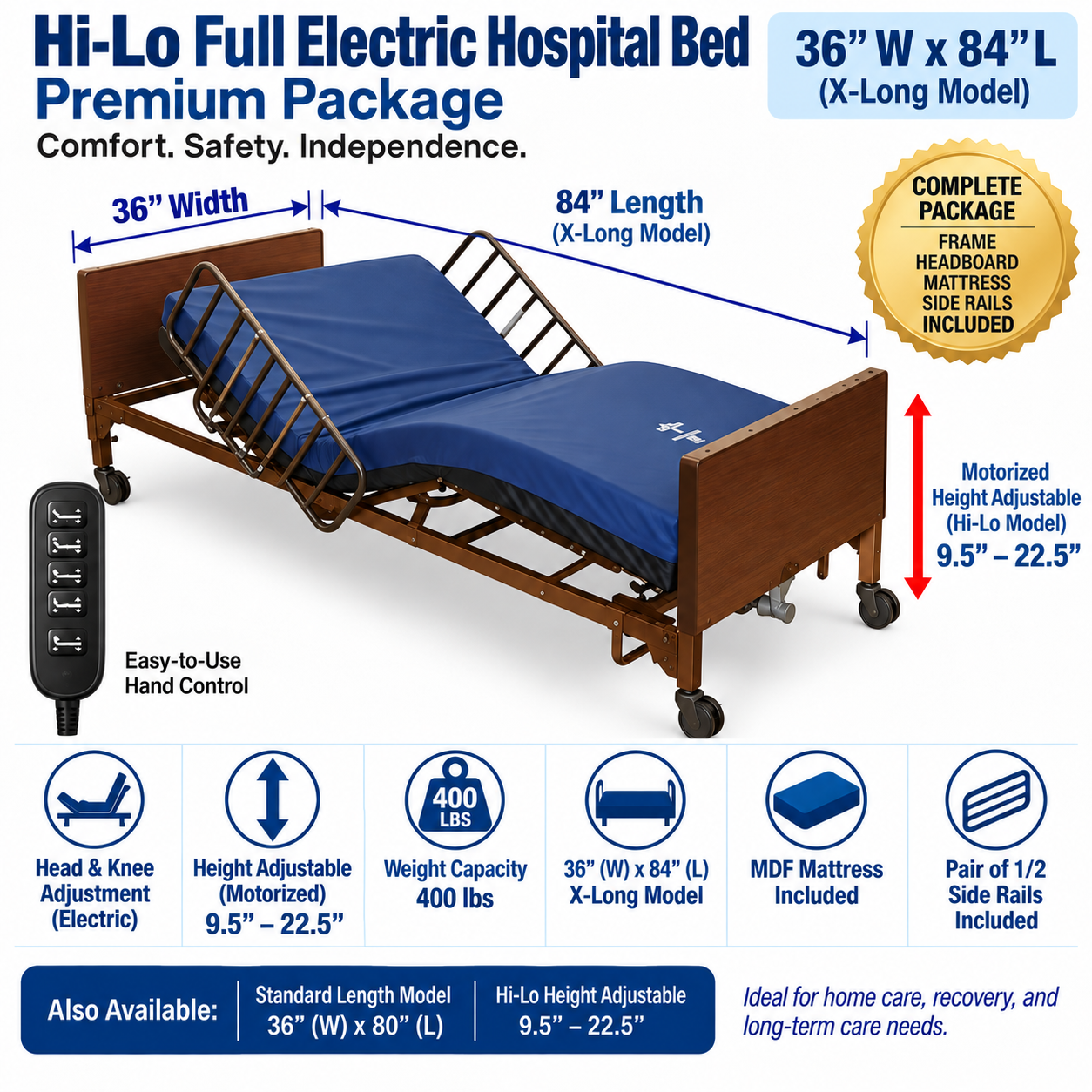 X-LONG Hospital Bed Full Electric Bundle Pkg – MDF Mattress + Rails
