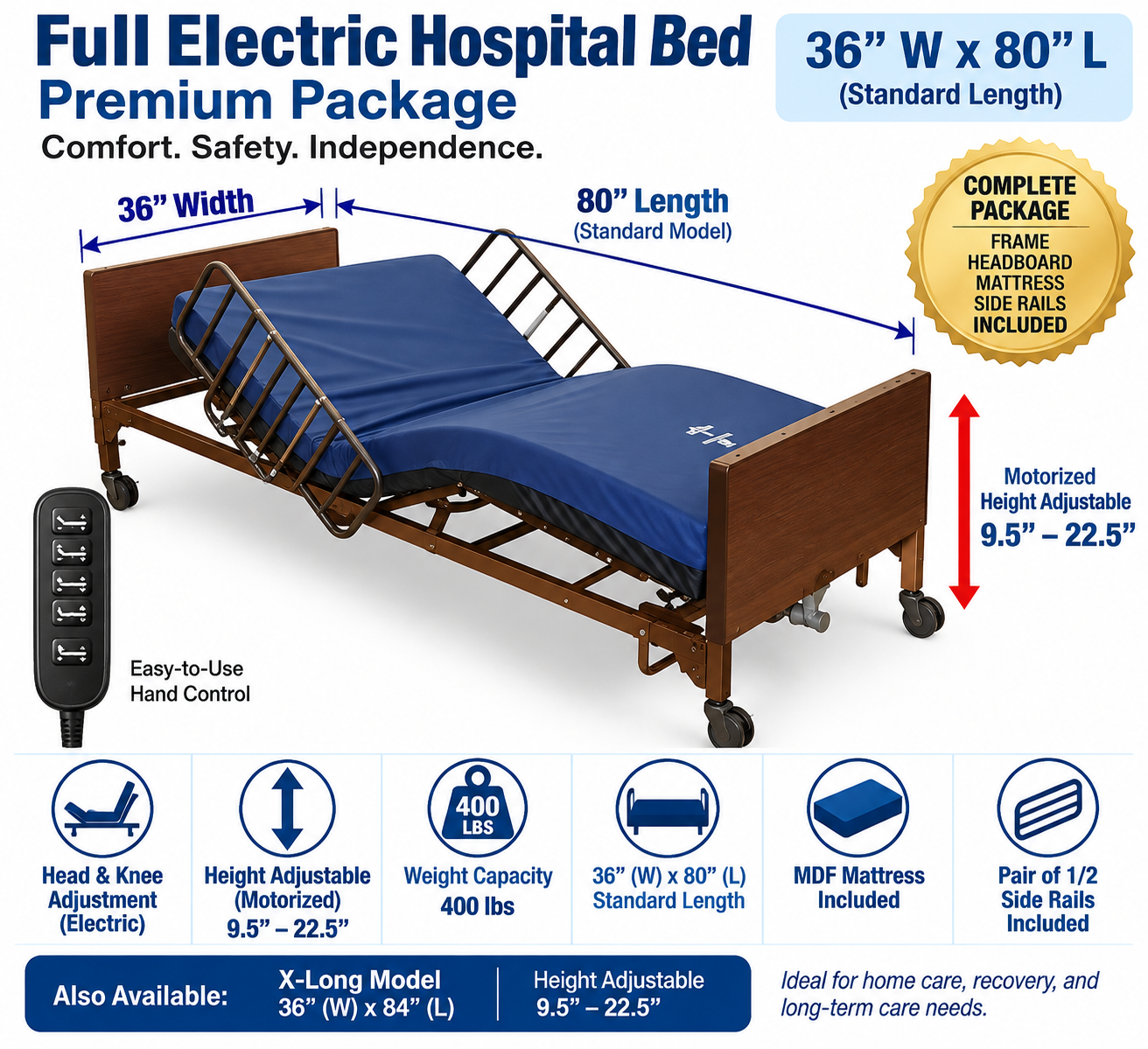 HI-LO Hospital Bed Full Electric Bundle Pkg – MDF Mattress + Rails