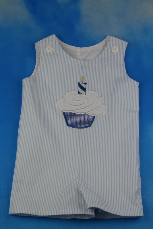 Blue Seersucker Stripe Cup Cake Overall