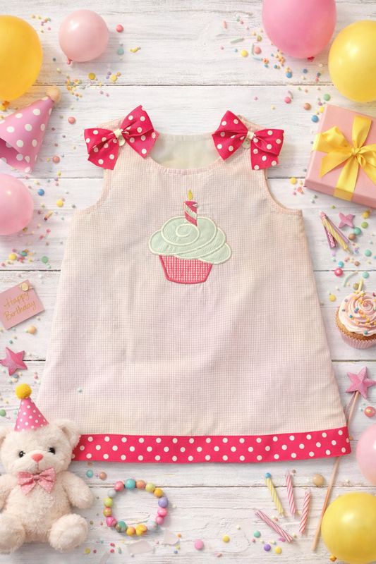 CLOSE OUT - PINK GINGHAM BIRTHDAY  CUPCAKE DRESS