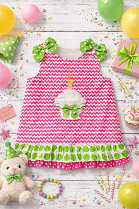 CLOSE OUT - HOT PINK CHEVRON STRIPE  BIRTHDAY  CUPCAKE DRESS