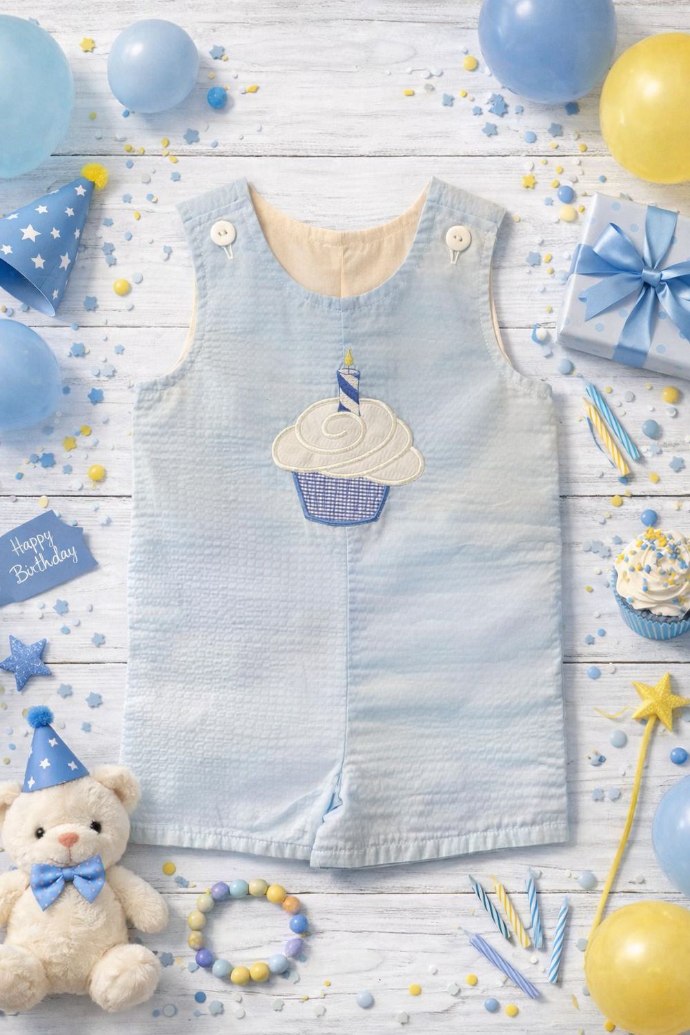 CLOSE OUT - BLUE SEERSUCKER CUPCAKE OVERALL