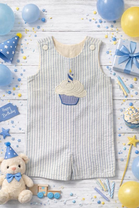 CLOSE OUT - BLUE SEERSUCKER STRIPE CUPCAKE OVERALL